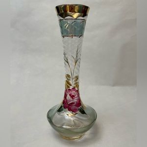 Vintage Bud Vase w/Spiraled Neck, Gold & Teal Bands, Painted Rose w/Gold Leaves
